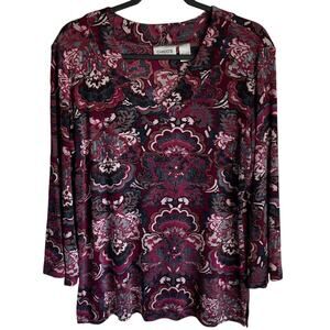 Chico’s Travelers Top 3/4 Sleeve Burgundy Abstract Floral V-Neck Stretch Sz L